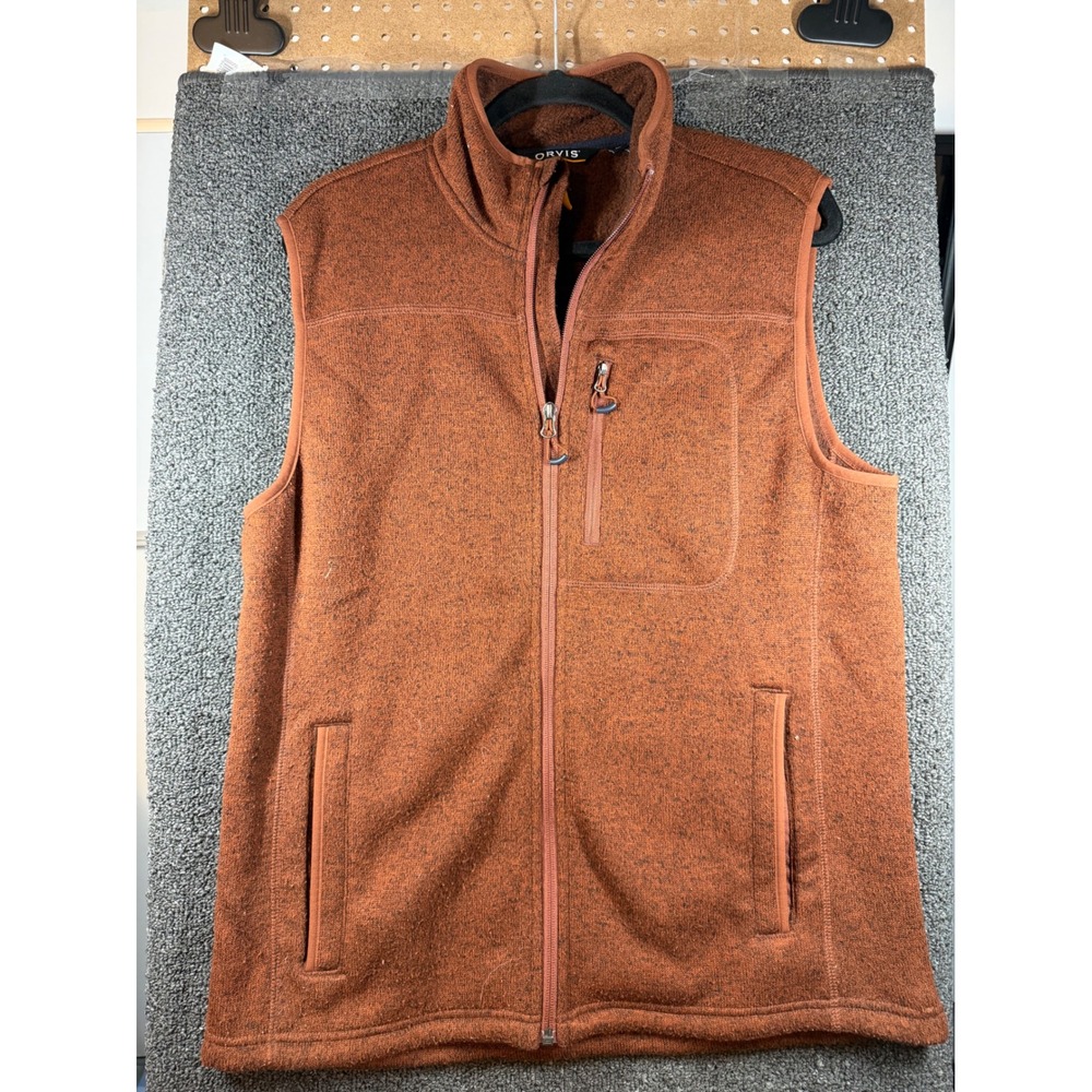 Orvis Sweater Fleece Vest Mens M Orange Full Zip Heathered Knit Pockets 514
